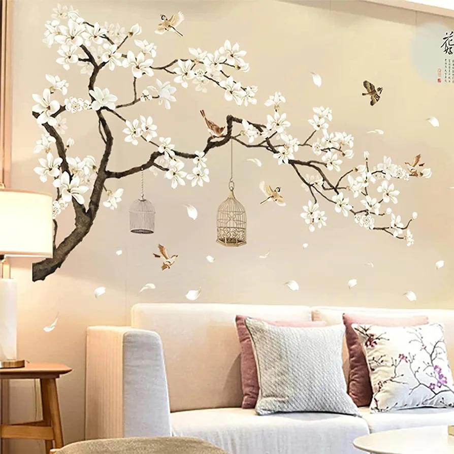 Large Chinese Wall Decals Cherry Blossom Tree 3D Tree Wall Stickers Peel and Stick Wall Decor DIY Flower Wall Murals for Bedroom Living Room Baby Nursery Rooms