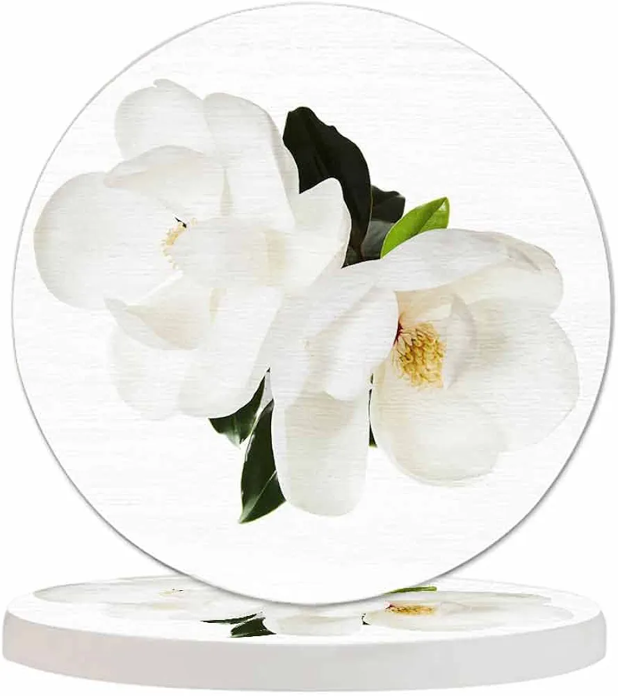 Magnolia Flower Coasters for Coffee Table White Floral Chaste Symbol Elegant Blossom Botanical Pure Bouquet Housewarming Presents for Women Men Home Decor Office Kitchen Living Room 2 Pcs