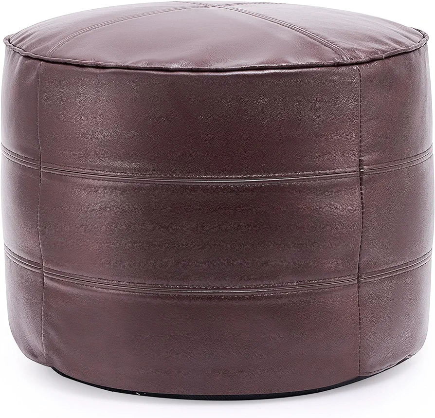 VONLUCE Stuffed Round Pouf, Genuine Leather Pouf Ottoman, Handmade Prefilled Hassock Footstool, Moroccan Style Luxury Foot Rest for Living Room Bedroom Kid Room, 18.9 x 18.9 x 14.6 in, Dark Brown