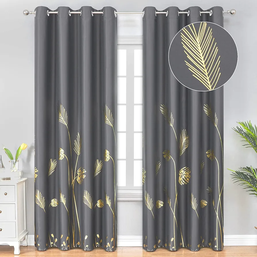 Estelar Textiler Dark Grey Blackout Curtains & Drapes 84 Inch Length 2 Panels Set for Living Room, Thermal Insulated Room Darkening Gold Palm Leaf Pattern Grommet Drapes for Bedroom, 52Wx84L,Dark Gray