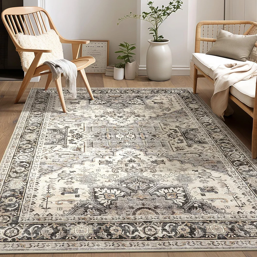 Area Rug 5x7 Big Carpet for Living Room Bedroom Home Decor Washable Oriental Vintage Floral Distressed Rugs Large Indoor Carpets with Non Slip Back for Nursery Dining Room Office Floor -Brown