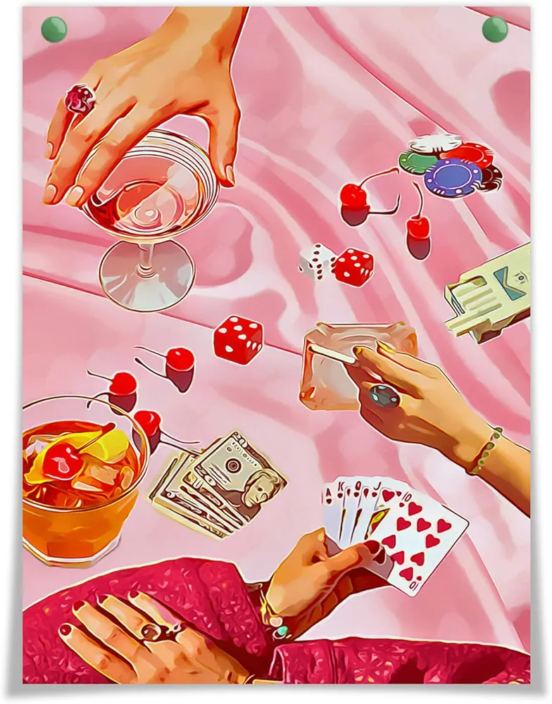 OAOPIC Vintage Pink Poker Playing Cards Posters for Room Decor Aesthetic Retro Funny Casino Gambling Dice Chips Canvas Wall Art Cool Funky Cocktail Alcohol Drinks Prints Paintings 12x16in Unframed