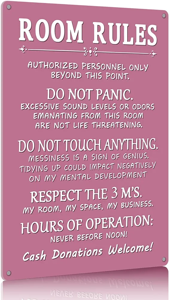 Room Rules Sign for Girls Bedroom,Things for Teen Girls Room Preppy - 16 X 12In Large Gaming Room Door - Aesthetic Door Decorations for Bedroom, Fun Pink Metal Tin Sign with Room Rules