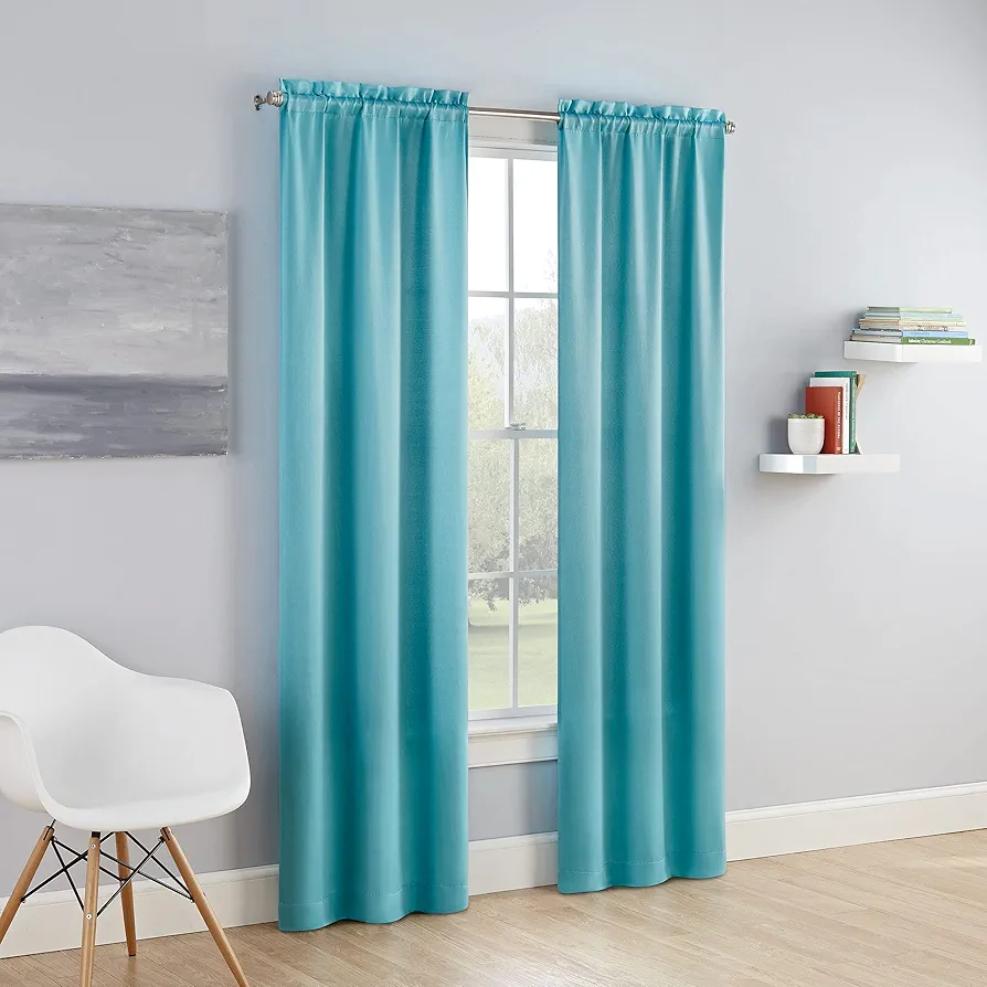 ECLIPSE Tricia Modern Room Darkening Thermal Rod Pocket Window Curtains for Bedroom (2 Panels), 26" x 63", Turquoise