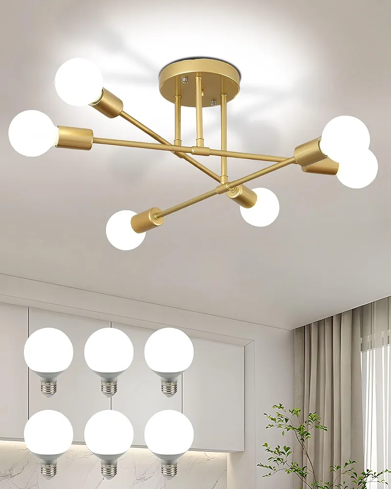 Modern Sputnik Chandelier with 6 Bulbs,6000K Cool Light LED Semi Flush Mount Ceiling Lights Fixtures，Gold Close to Ceiling Lighting for Bedroom Kitchen Dining Room