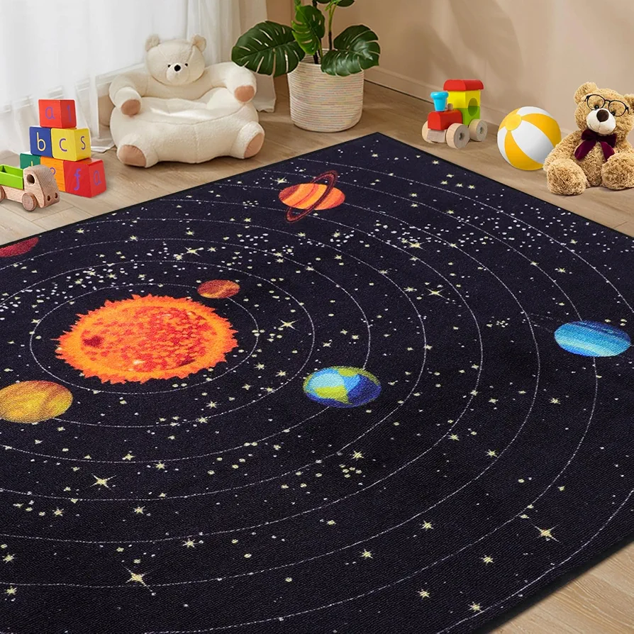 Outer Space Kids Rug for Kids Bedroom Educational Rug for Playroom 4' 11" x 6' 7" Washable Kids Play Mat for Living Room Large Area Rug for Living Room