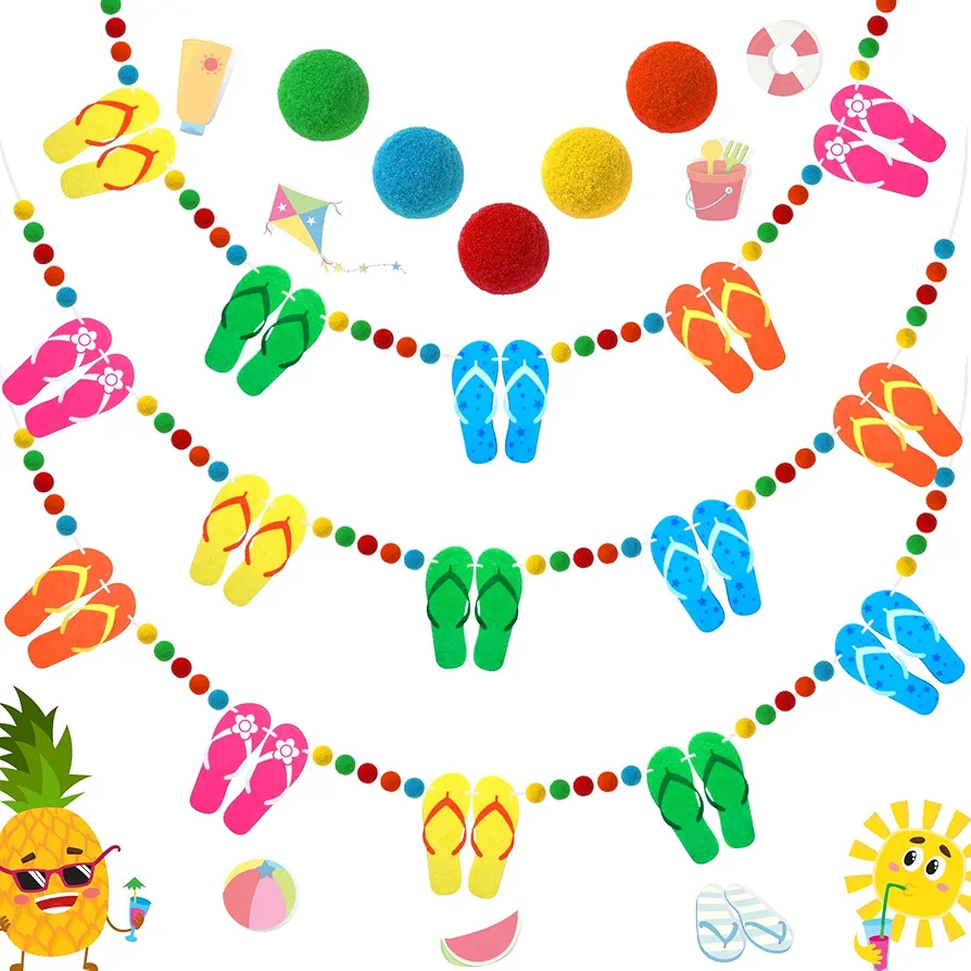 Peryiter 3 Pcs Summer Colorful Flip Flop Banner 8.2 ft Summer Garland Pom Pom Garland Tropical Flip Flop Banner Felt Slipper Garland for Hawaiian Beach Pool Party Classroom Decorations Supplies