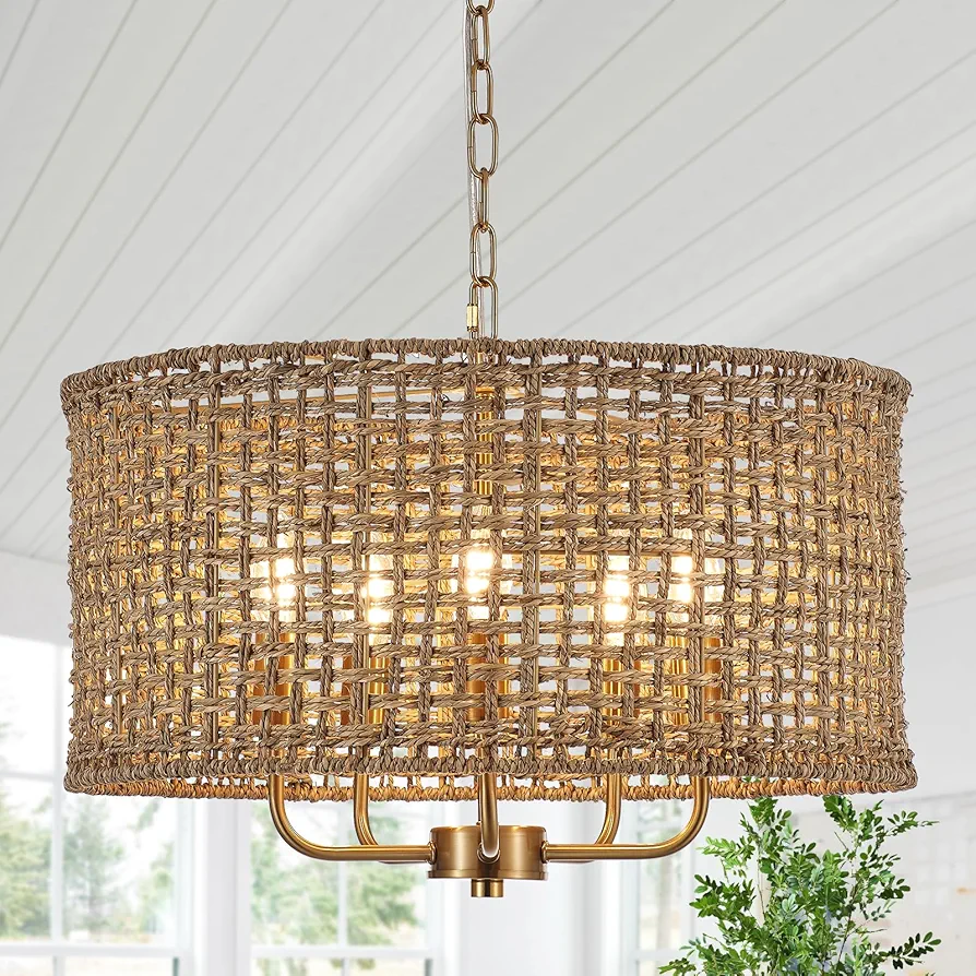 Hand-Woven Rattan Chandelier Vintage Farmhouse Boho Bamboo Chandelier Light Fixture Mini Retro 5-Lights Drum Wicker Rattan Chandelier for Dining Room, Kitchen, Living Room