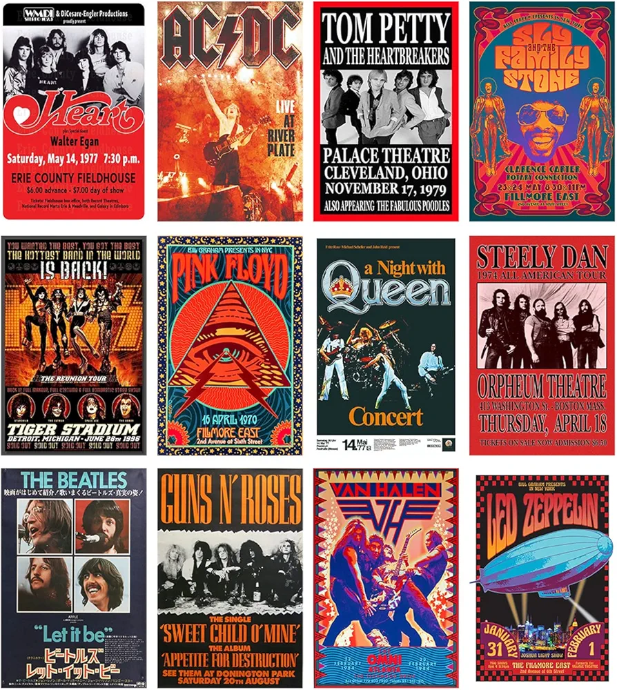 Woonkit Vintage Rock Band Posters for Room Aesthetic, 70s 80s 90s Retro Bedroom Decor Wall Art, Concert Poster Collage, Old Music Album Cover Prints (12 SET B, 7.8X11.8 INCH)