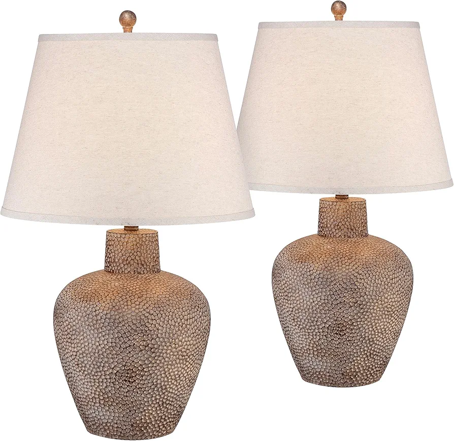 Franklin Iron Works Bentley Rustic Farmhouse Table Lamps 29" Tall Set of 2 Brown Leaf Hammered Metal Pot Off White Empire Shade for Bedroom Living Room House Home Bedside Nightstand Office Entryway