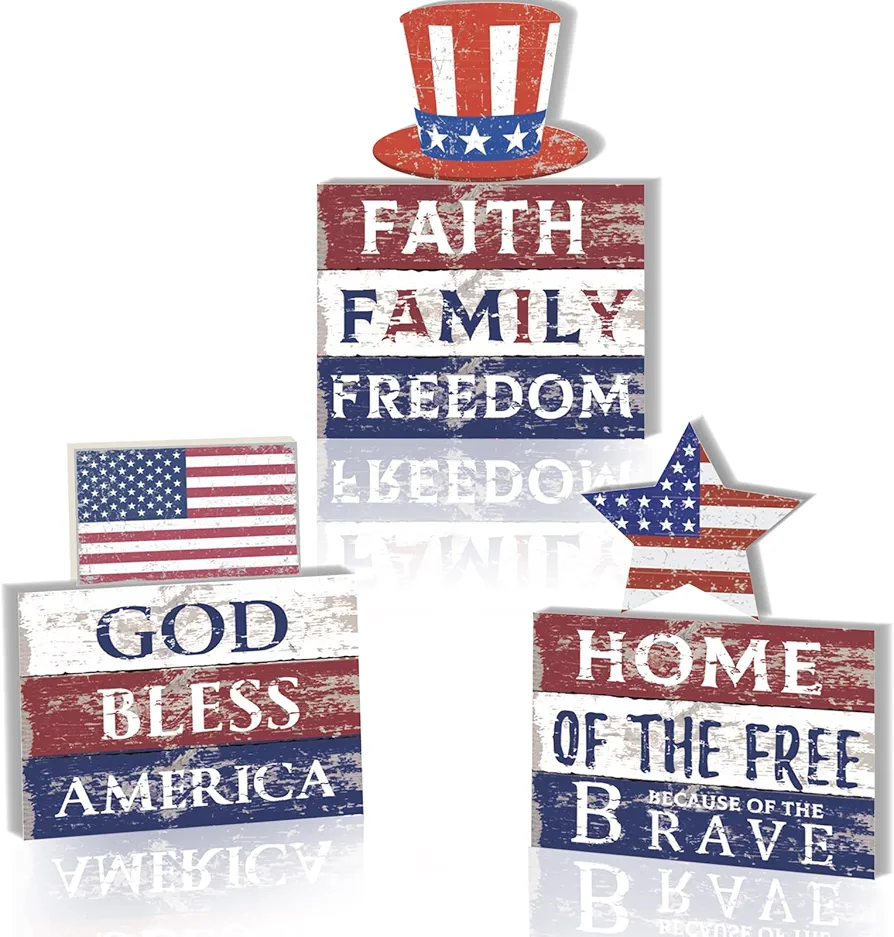 6 Pieces 4th of July Patriotic Table Decorations Independence Day Wooden Table Centerpiece American Flag Star Wooden Plaque for Memorial Day Dinner Room Decoration