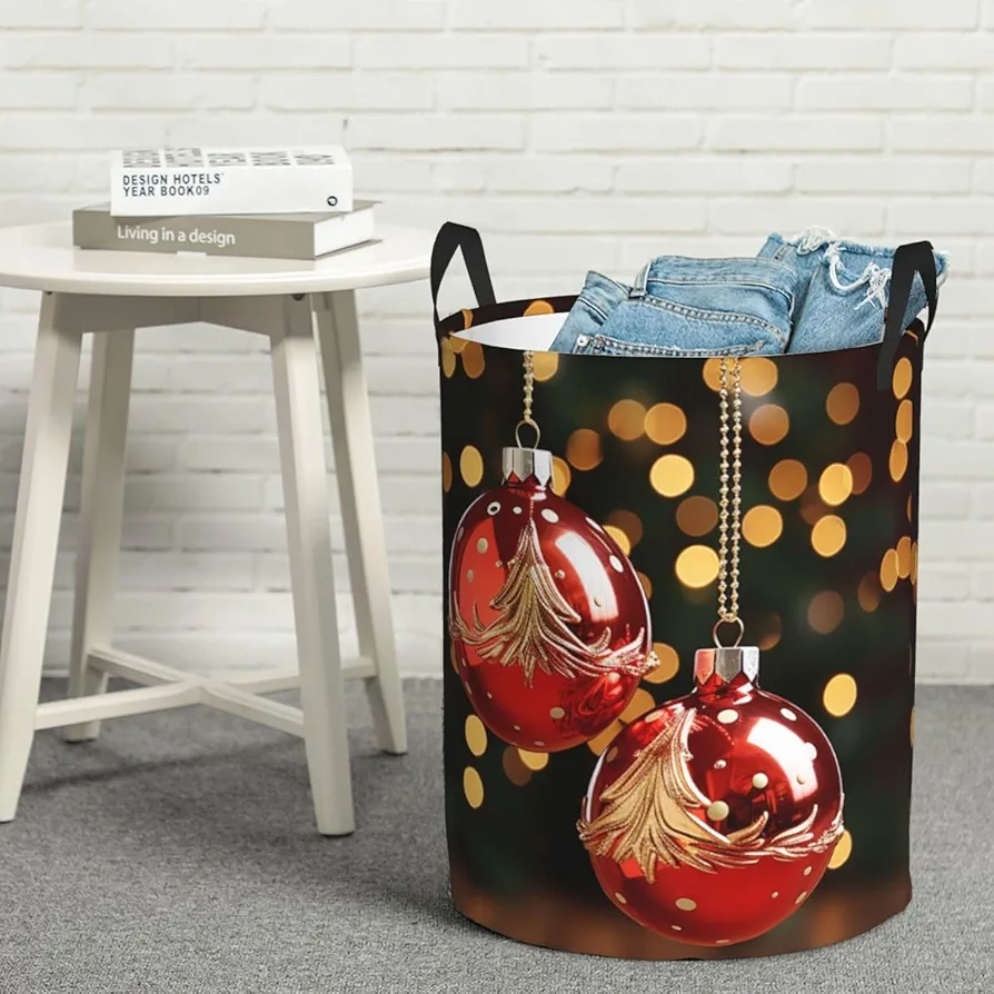 Laundry Basket Waterproof Laundry Hamper With Handles Dirty Clothes Organizer Christmas Balls Bells Print Protable Foldable Storage Bin Bag For Living Room Bedroom Playroom, Small, Black