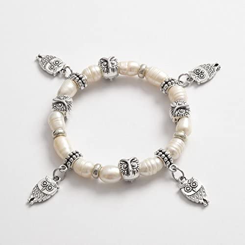 Talbot Fashion Freshwater Pearl & Owl Charm Stretch Bracelet