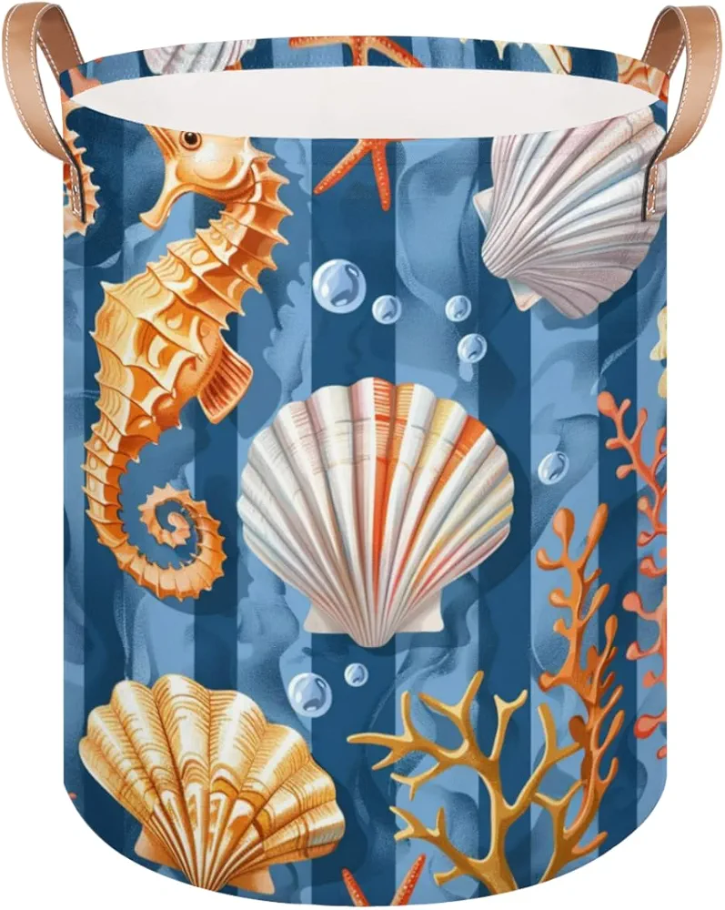 Laundry Basket with Handles, Collapsible Laundry Hamper, Coastal Nautical Waterproof Round Storage Basket for Blanket Towels, Dirty Clothes in Living Room, Seahorse Seashell Starfish