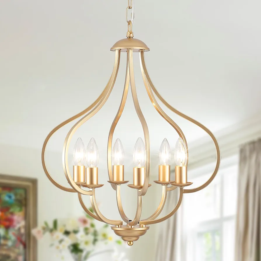 6 Lights Vintage Farmhouse Light Fixtures, Pendant Lights Kitchen Island Lighting, Modern Kitchen Light Fixtures Over Table Gold Chandelier for Dining Room Hallway Entryway Bedroom Foyer