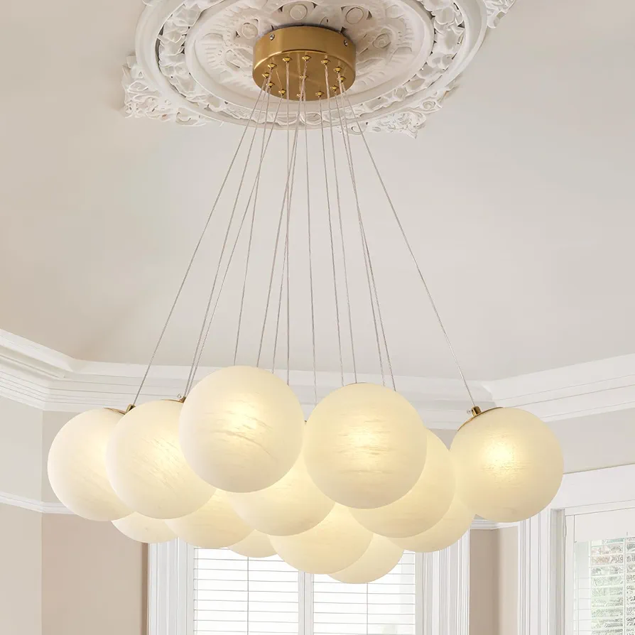 13-Lights Milk Glass Bubble Chandeliers Lighting, Modern Large Nordic Globe Chandelier Ball Pendant Light Fixture for Bedroom, Living Room, Dining Room, Entry, Island