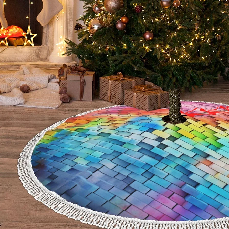 Christmas Tree Skirt with Tassel Colorful Wall 30" Xmas Tree Skirts Tassel Tree Mat Ornament for Home Indoor Outdoor Room Holiday Decoration